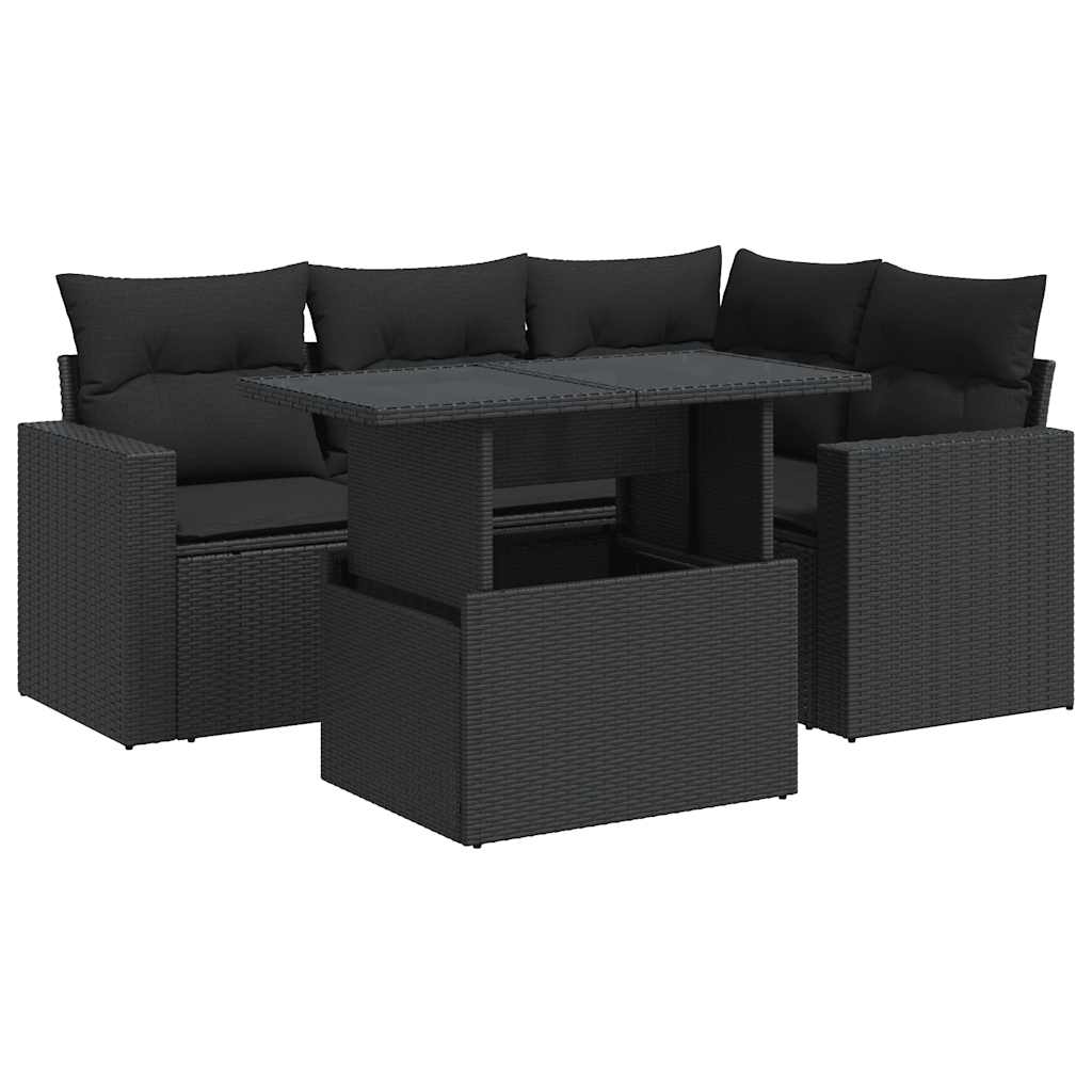 5-delige Loungeset met kussens poly rattan zwart