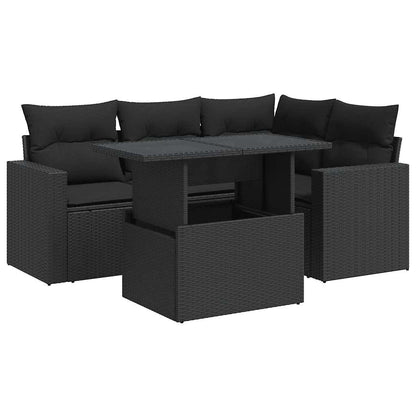 5-delige Loungeset met kussens poly rattan zwart