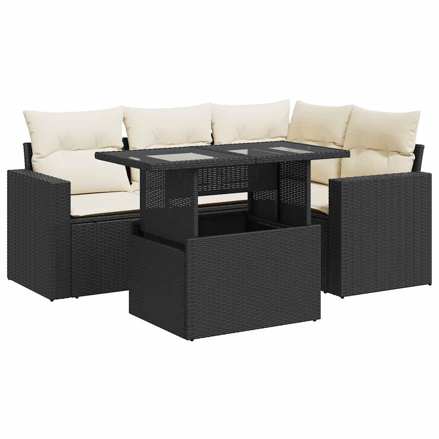 5-delige Loungeset met kussens poly rattan zwart