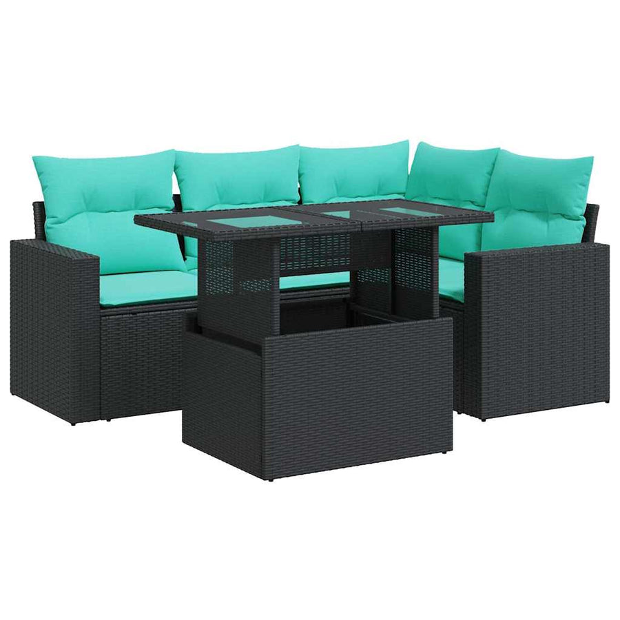5-delige Loungeset met kussens poly rattan acacia zwart