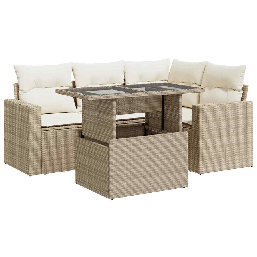 5-delige Loungeset met kussens poly rattan beige