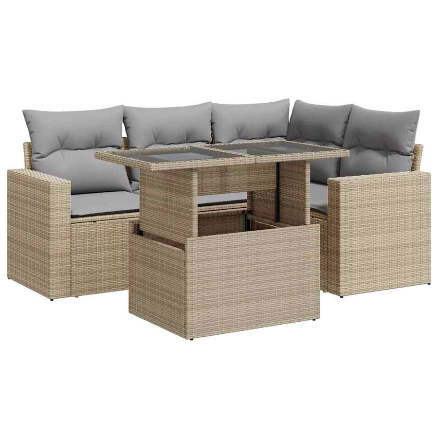 5-delige Loungeset met kussens poly rattan beige