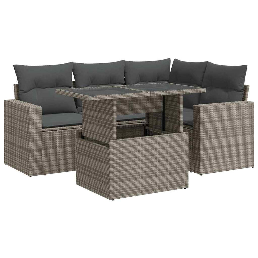 5-delige Loungeset met kussens poly rattan grijs