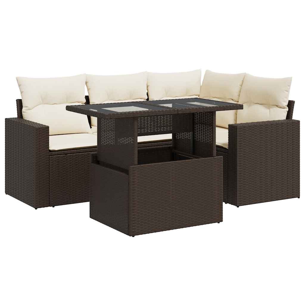 5-delige Loungeset met kussens poly rattan bruin