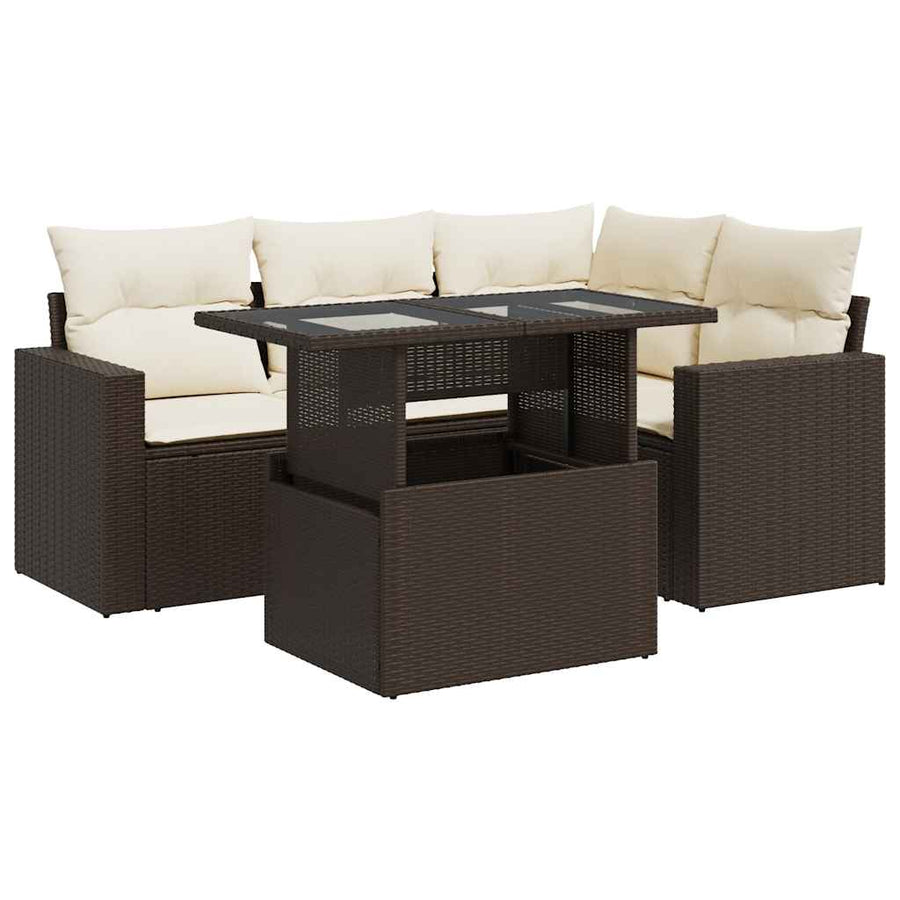 5-delige Loungeset met kussens poly rattan bruin