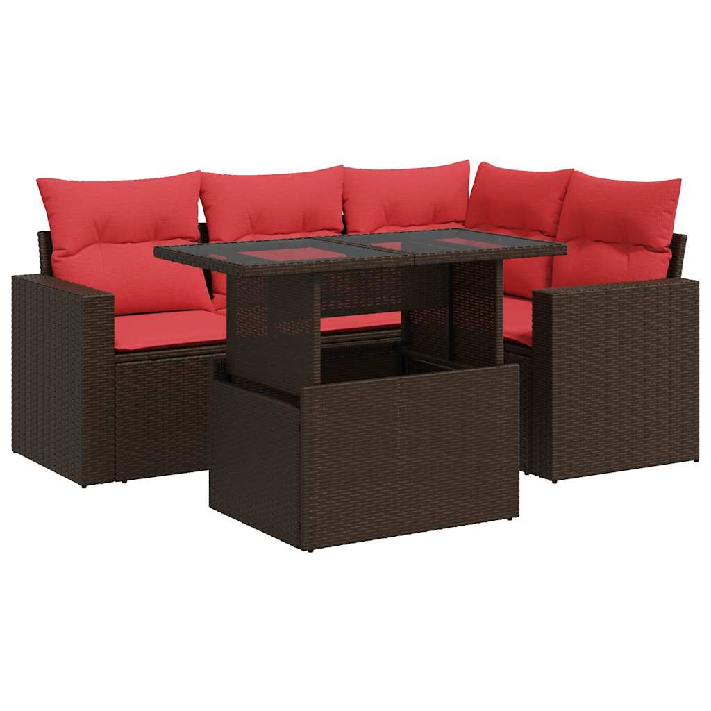 5-delige Loungeset met kussens poly rattan acacia bruin
