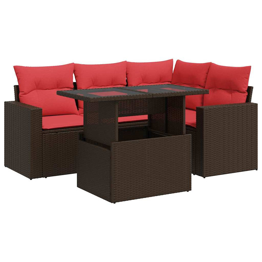 5-delige Loungeset met kussens poly rattan acacia bruin