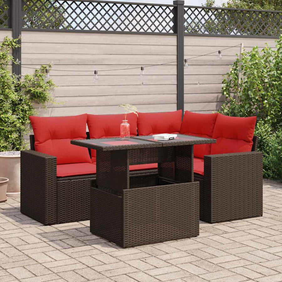 5-delige Loungeset met kussens poly rattan acacia bruin
