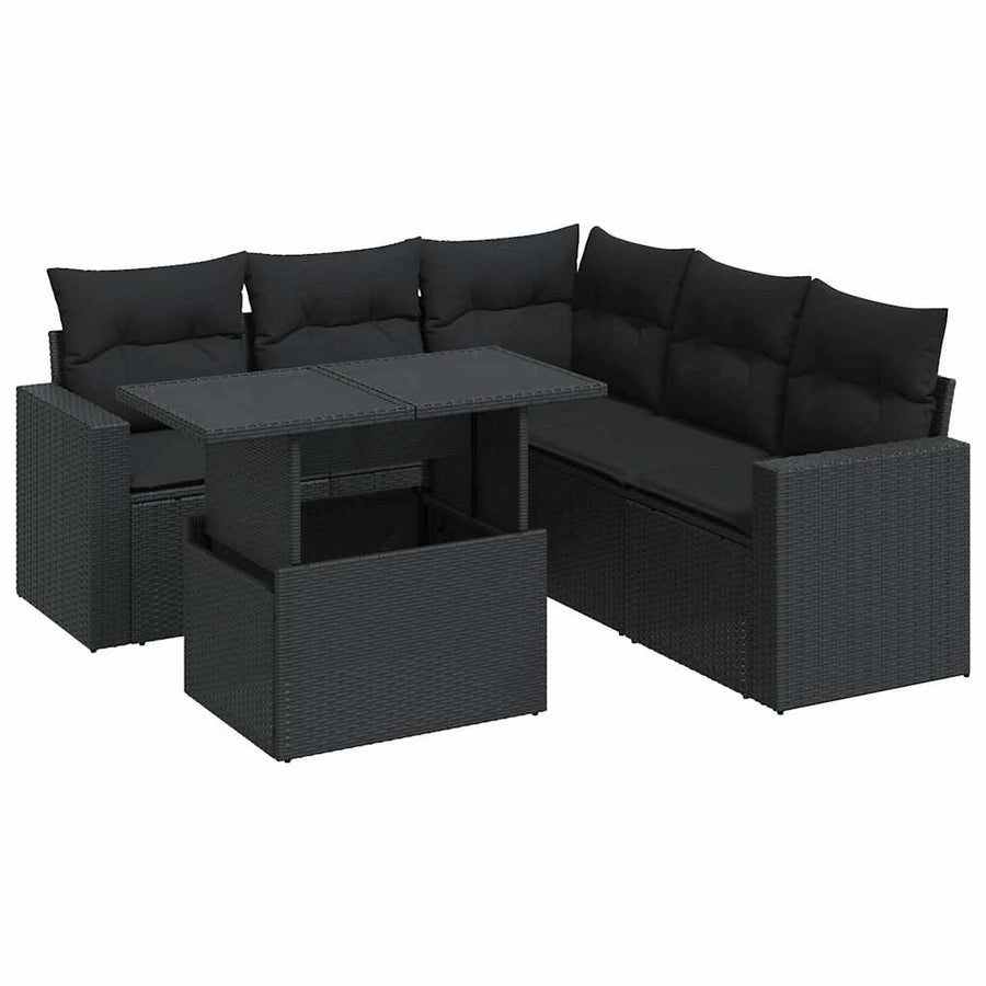 6-delige Loungeset met kussens poly rattan zwart