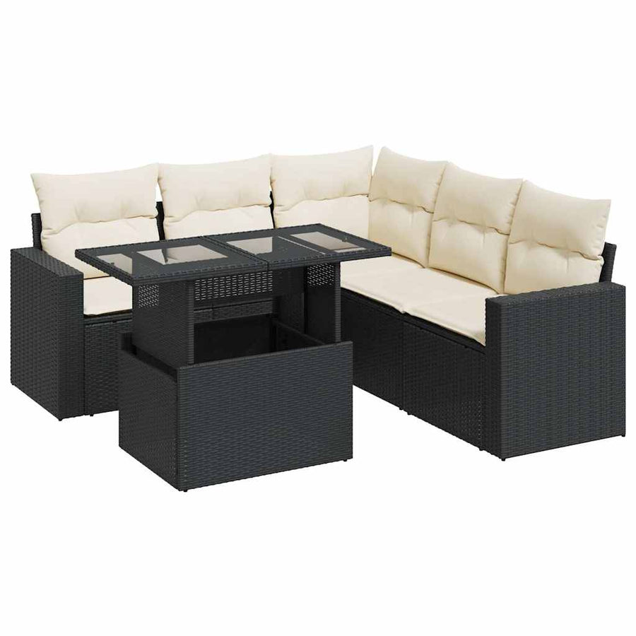 6-delige Loungeset met kussens poly rattan zwart