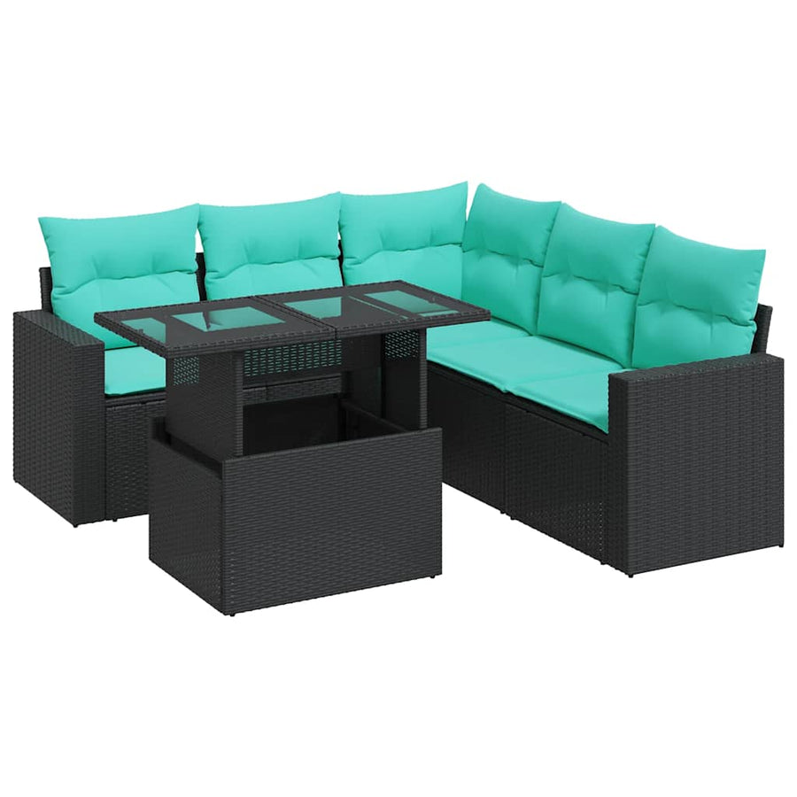 6-delige Loungeset met kussens poly rattan acacia zwart
