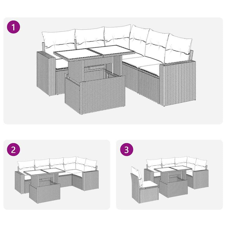 6-delige Loungeset met kussens poly rattan acacia zwart
