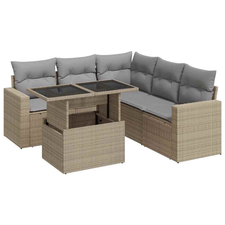 6-delige Loungeset met kussens poly rattan beige