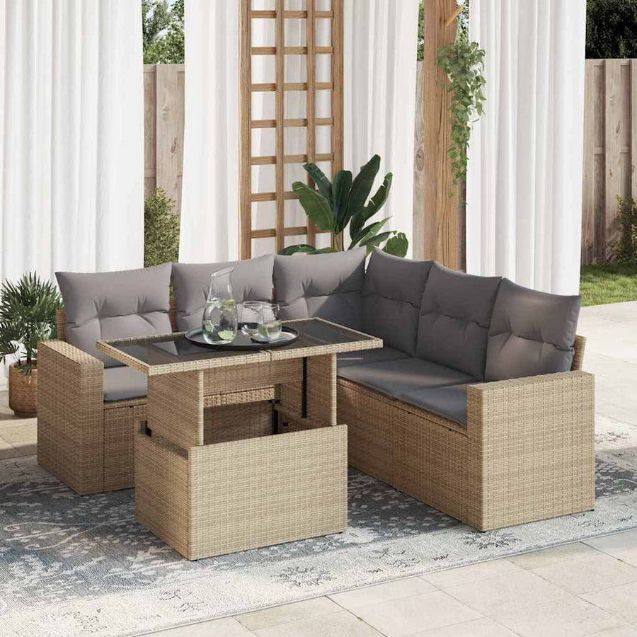 6-delige Loungeset met kussens poly rattan beige