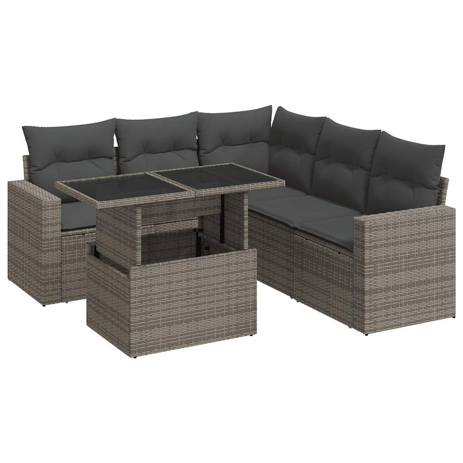 6-delige Loungeset met kussens poly rattan grijs