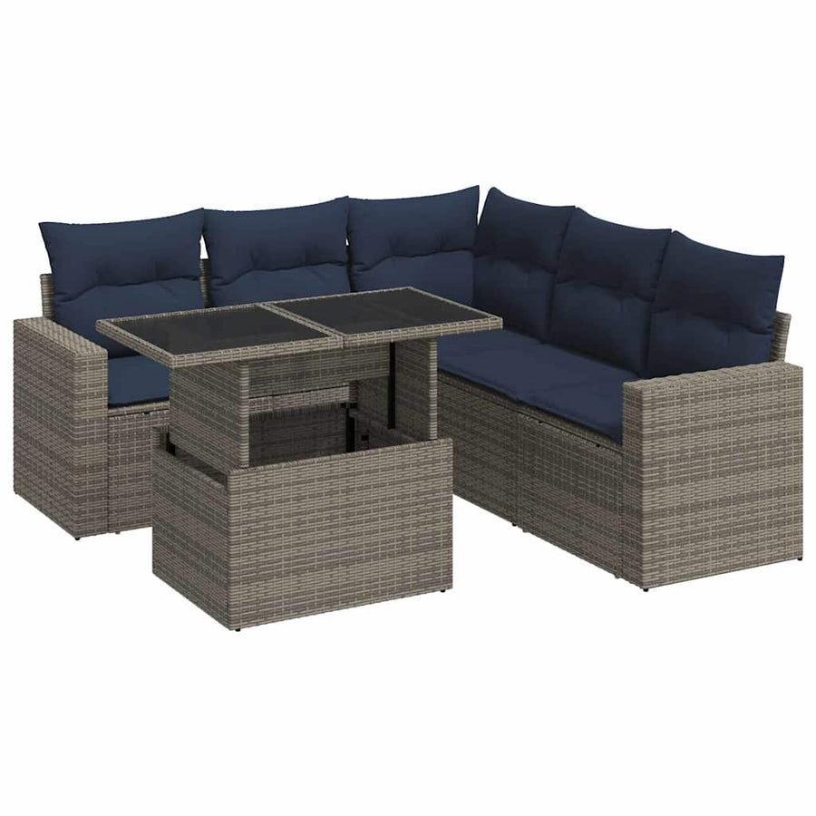 6-delige Loungeset met kussens poly rattan acacia grijs