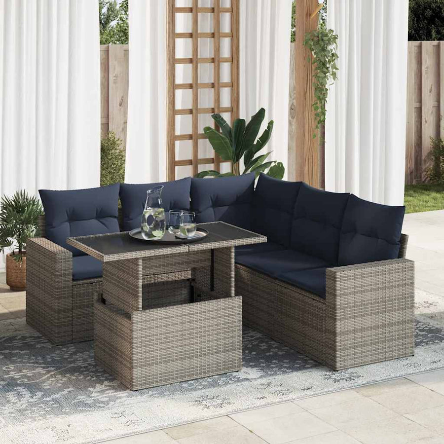 6-delige Loungeset met kussens poly rattan acacia grijs