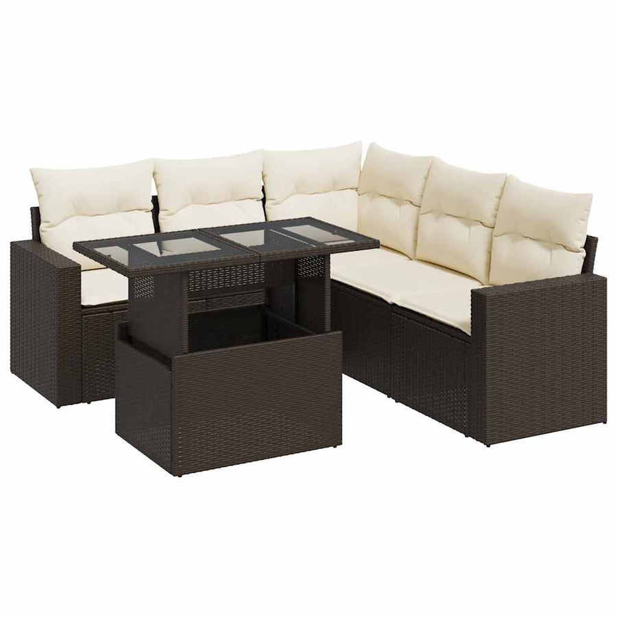 6-delige Loungeset met kussens poly rattan bruin