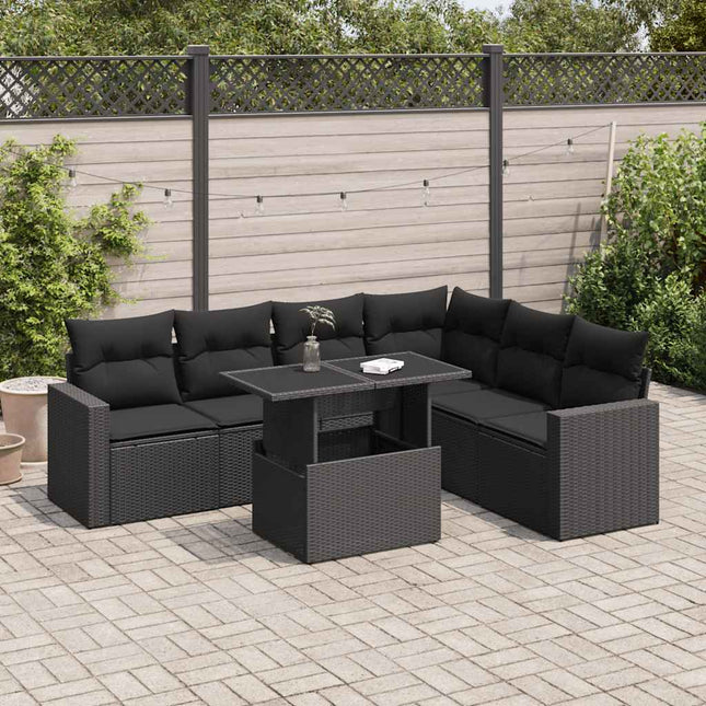 7-delige Loungeset met kussens poly rattan zwart