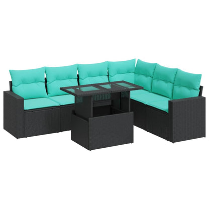 7-delige Loungeset met kussens poly rattan acacia zwart