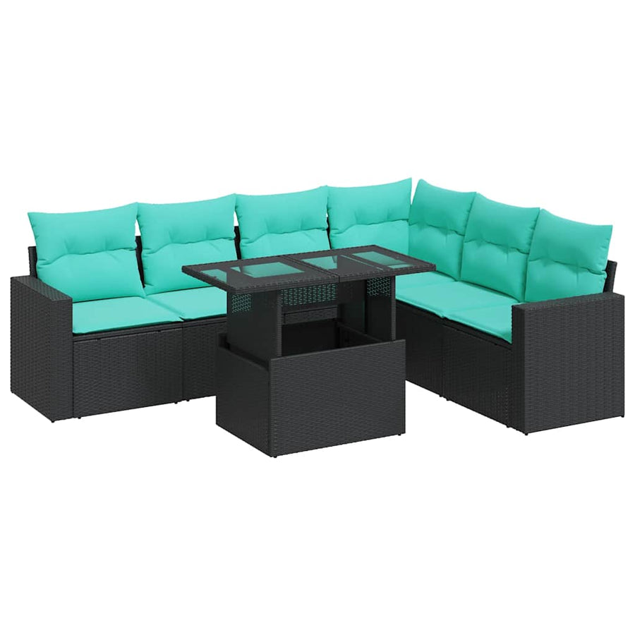 7-delige Loungeset met kussens poly rattan acacia zwart