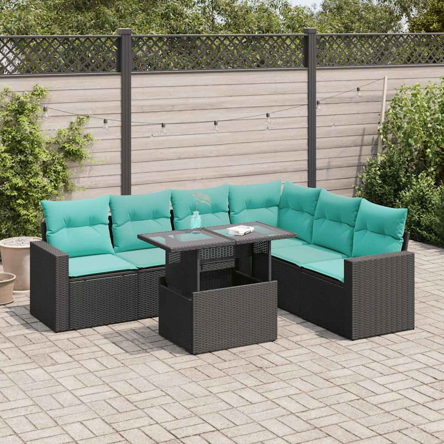 7-delige Loungeset met kussens poly rattan acacia zwart