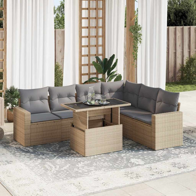 7-delige Loungeset met kussens poly rattan beige