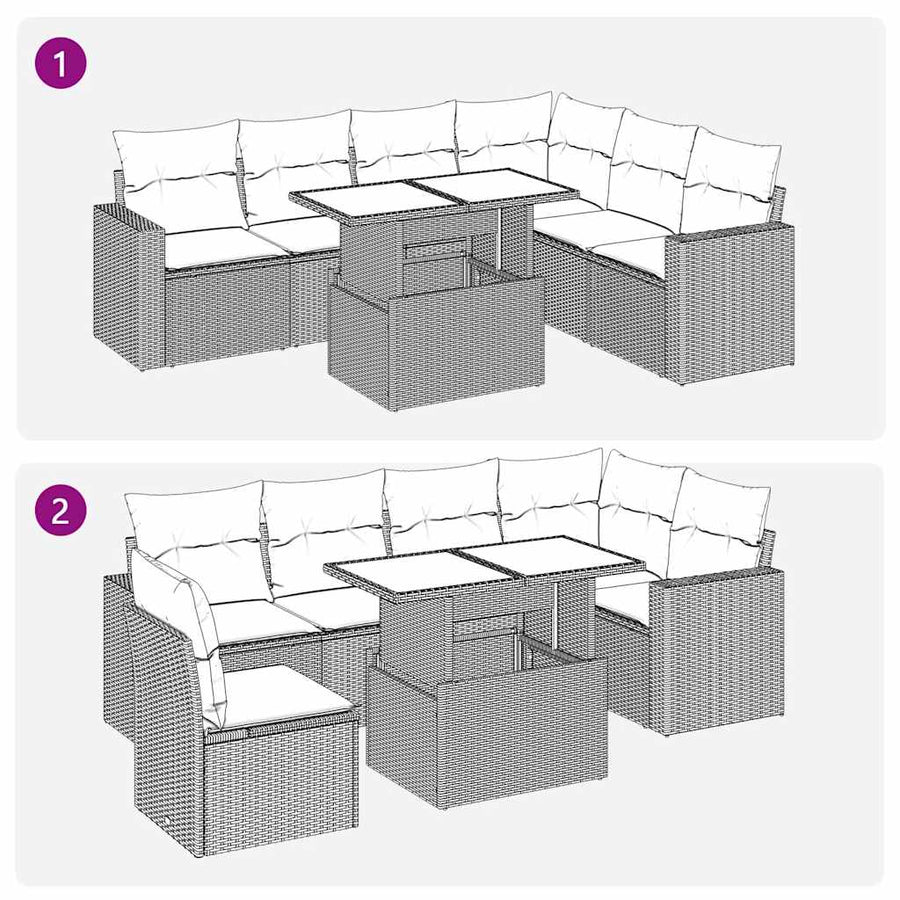 7-delige Loungeset met kussens poly rattan grijs