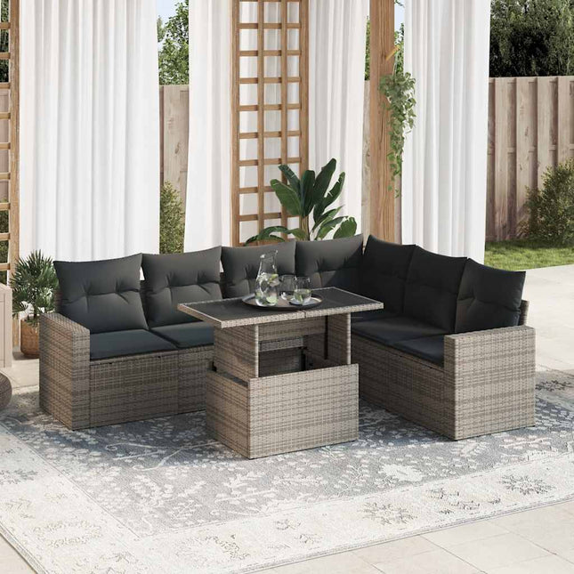 7-delige Loungeset met kussens poly rattan grijs