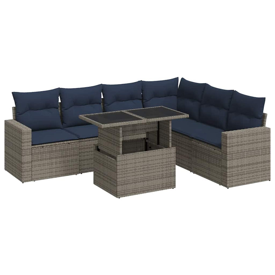 7-delige Loungeset met kussens poly rattan acacia zwart