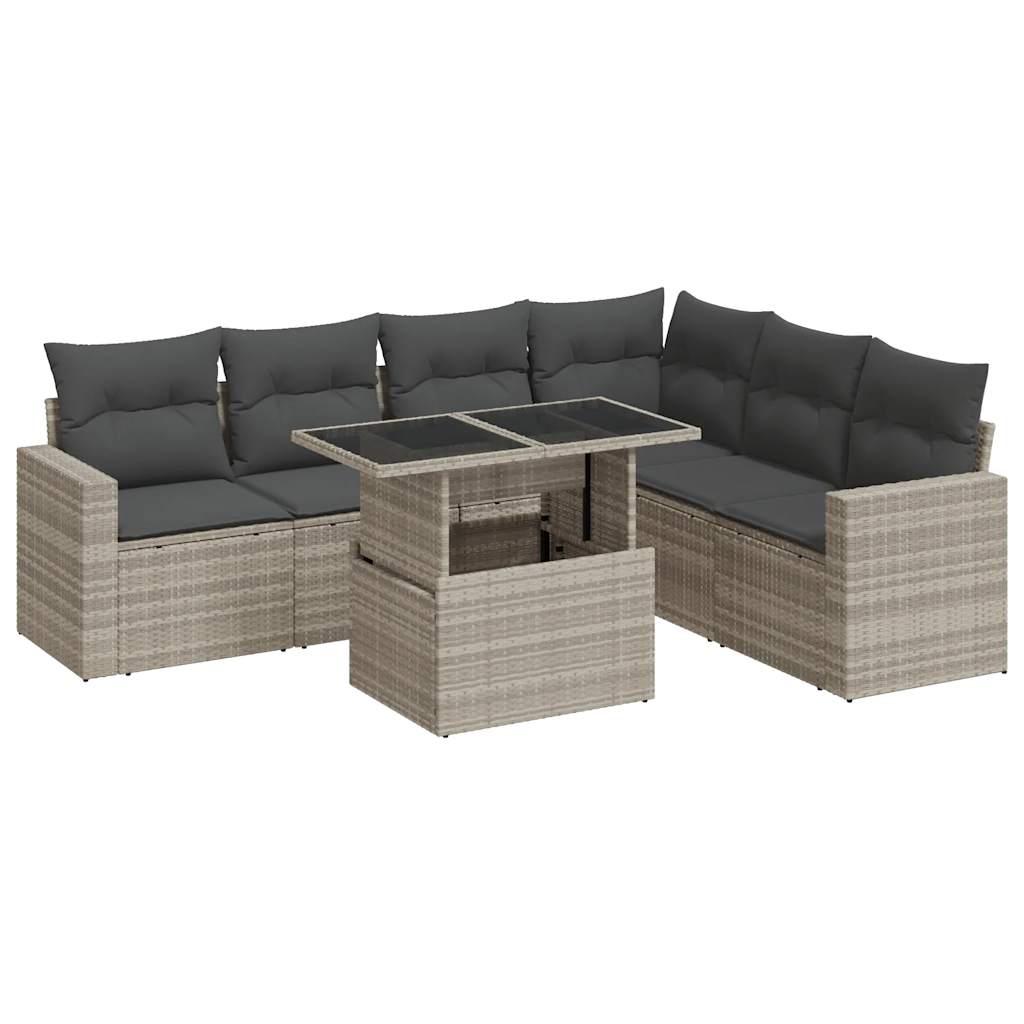 7-delige Loungeset met kussens poly rattan lichtgrijs