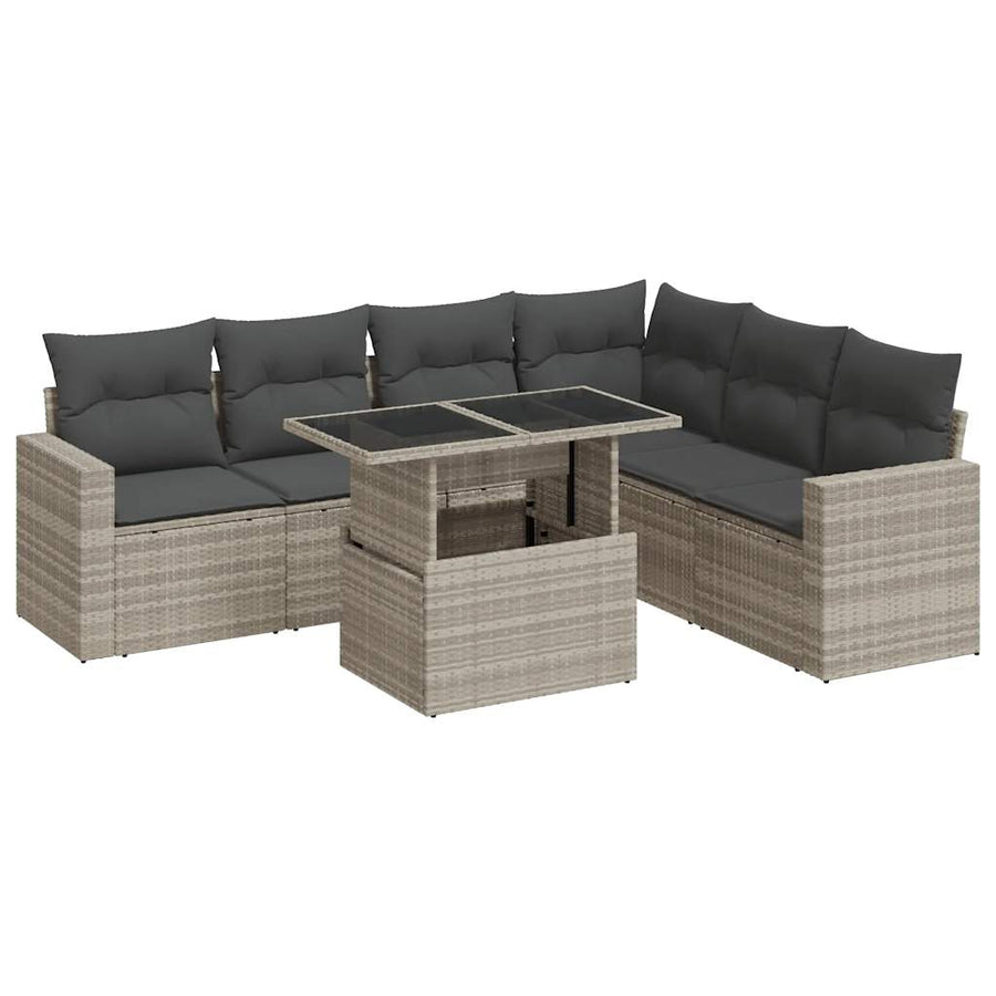 7-delige Loungeset met kussens poly rattan lichtgrijs