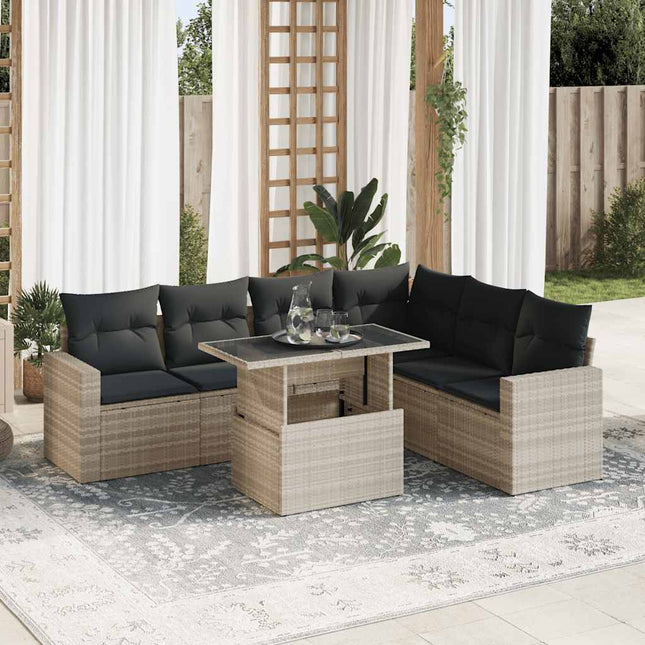 7-delige Loungeset met kussens poly rattan lichtgrijs