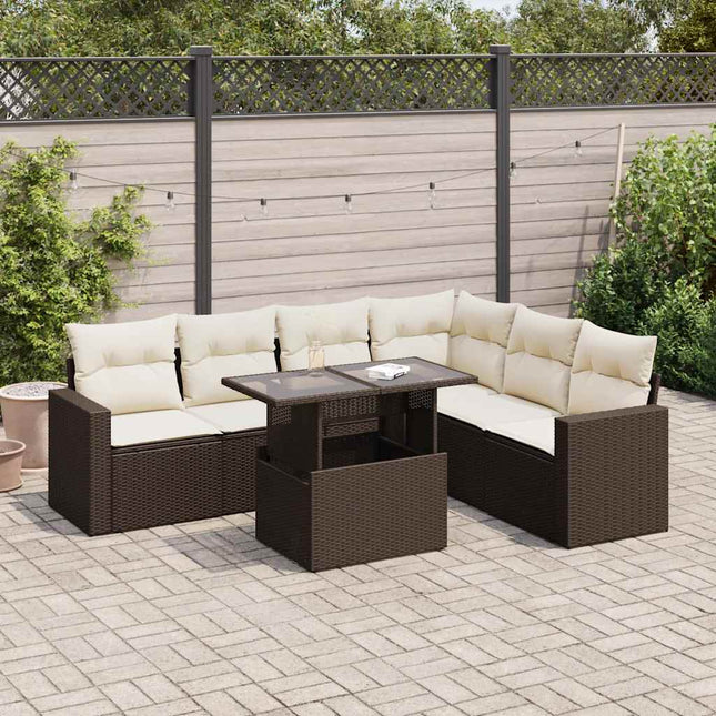 7-delige Loungeset met kussens poly rattan bruin