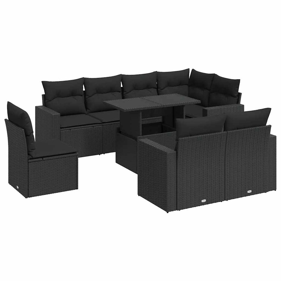 9-delige Loungeset met kussens poly rattan zwart
