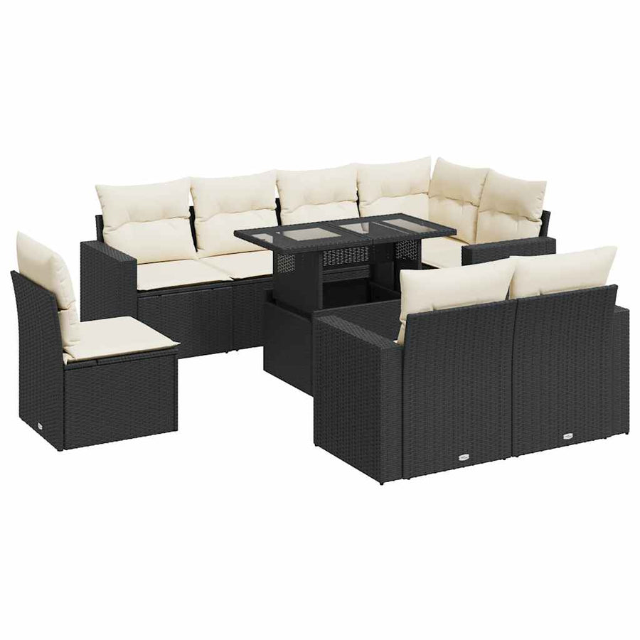 9-delige Loungeset met kussens poly rattan zwart