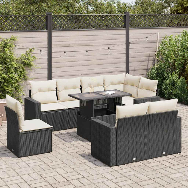 9-delige Loungeset met kussens poly rattan zwart