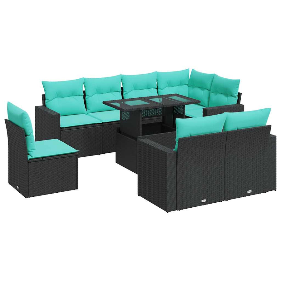 9-delige Loungeset met kussens poly rattan acacia zwart