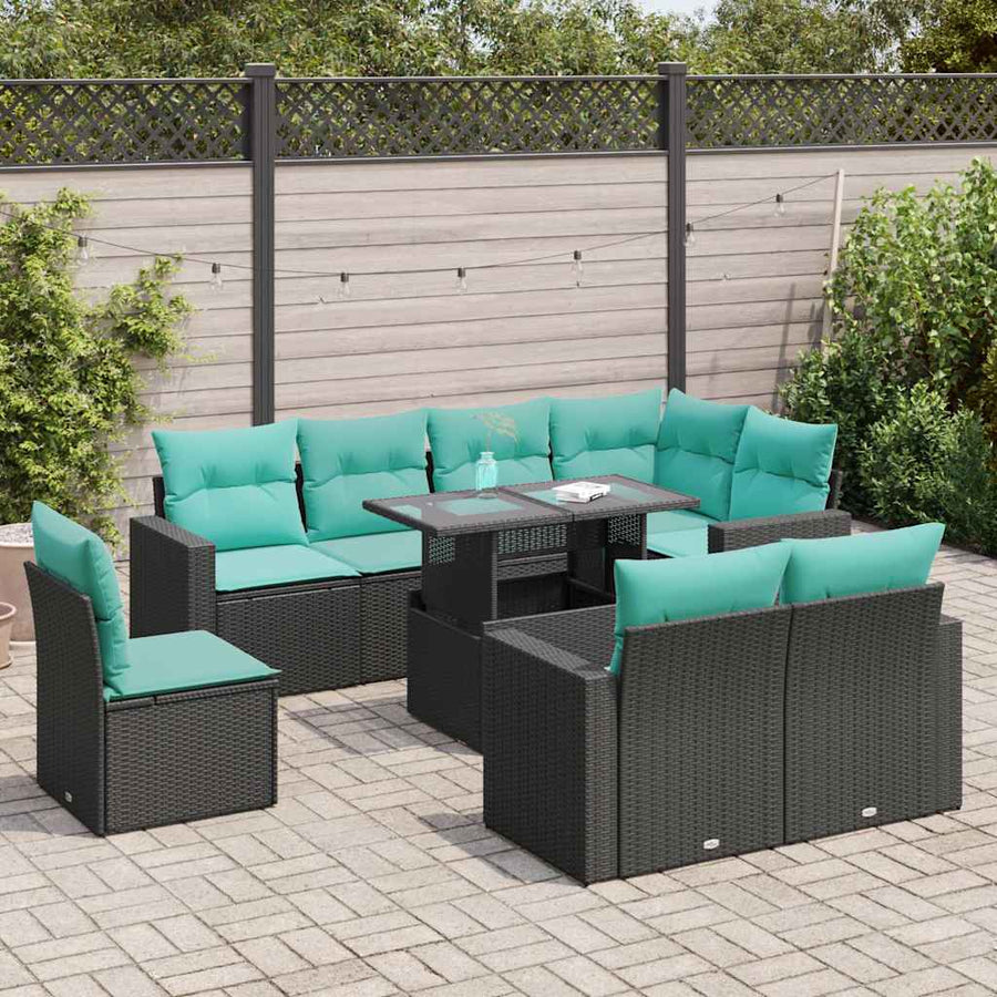 9-delige Loungeset met kussens poly rattan acacia zwart