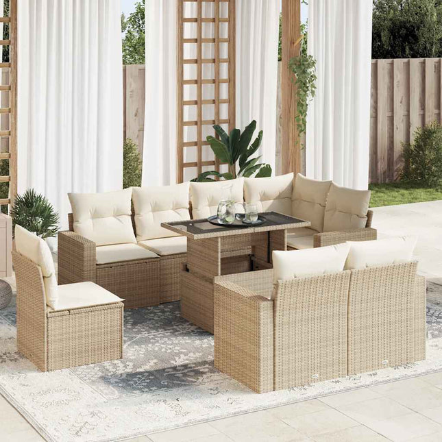 9-delige Loungeset met kussens poly rattan beige