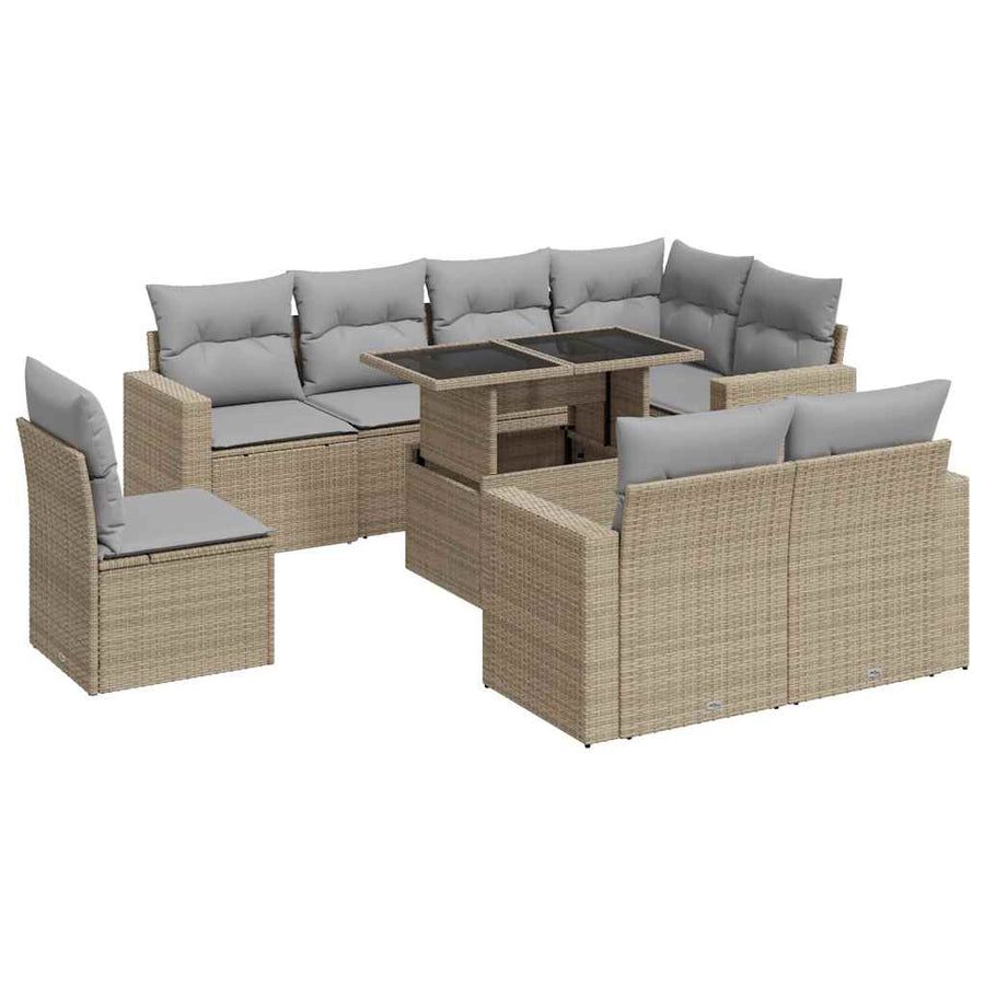 9-delige Loungeset met kussens poly rattan beige