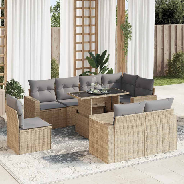 9-delige Loungeset met kussens poly rattan beige