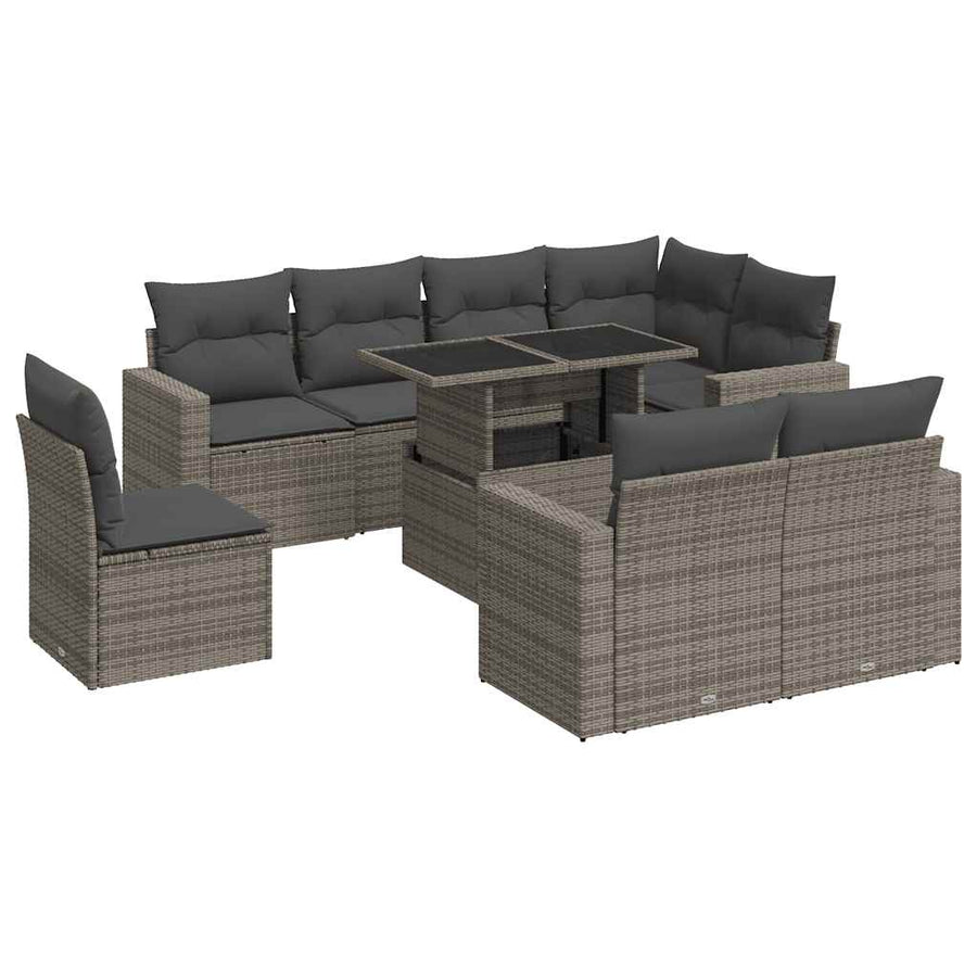 9-delige Loungeset met kussens poly rattan grijs