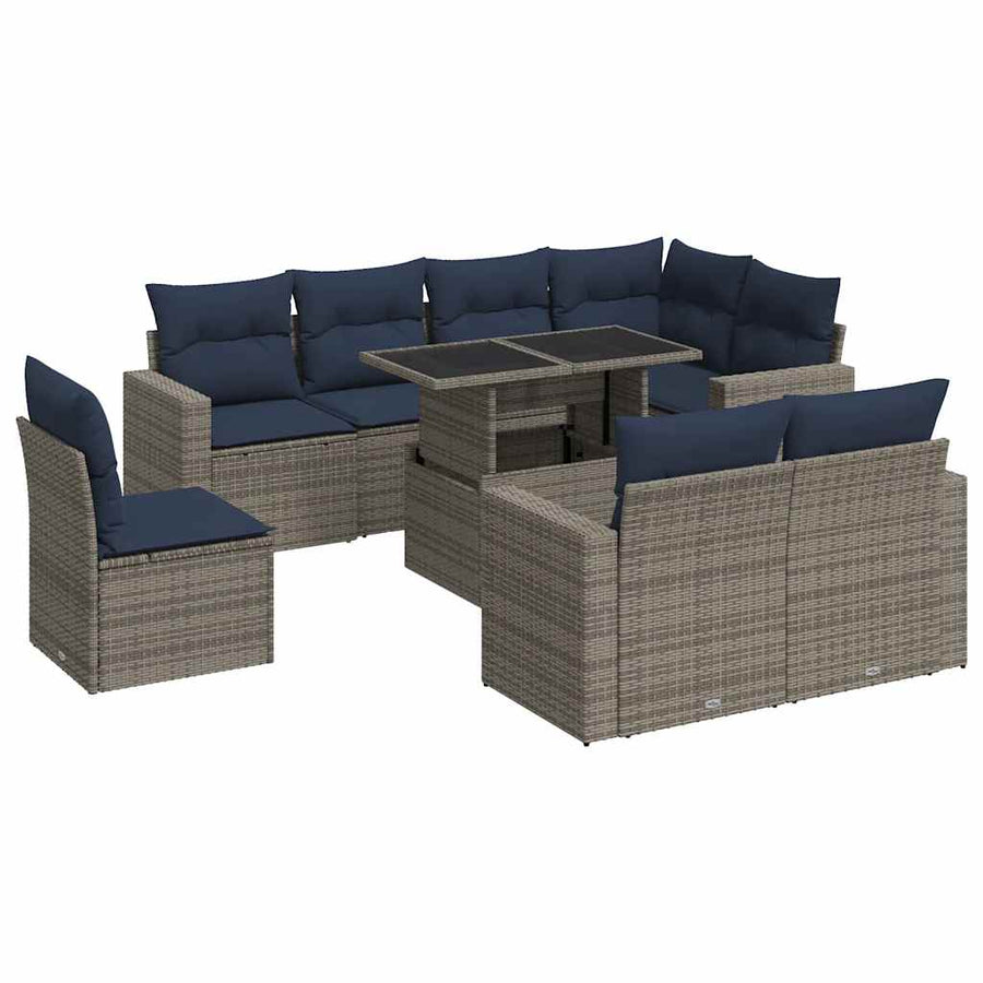 9-delige Loungeset met kussens poly rattan acacia grijs