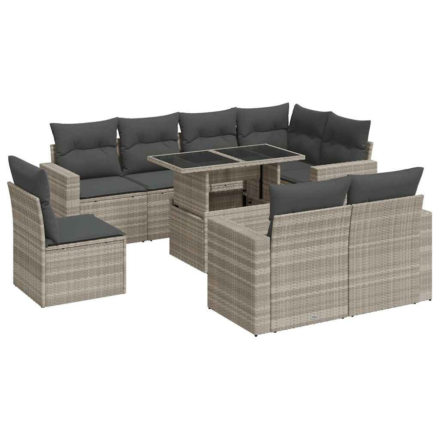 9-delige Loungeset met kussens poly rattan lichtgrijs