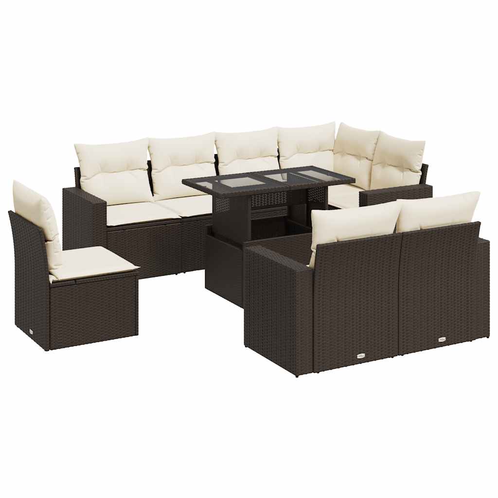 9-delige Loungeset met kussens poly rattan bruin