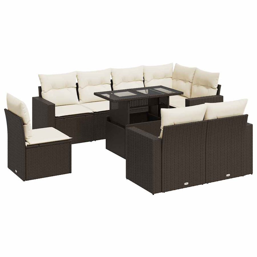 9-delige Loungeset met kussens poly rattan bruin