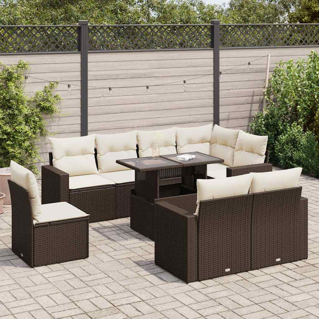 9-delige Loungeset met kussens poly rattan bruin