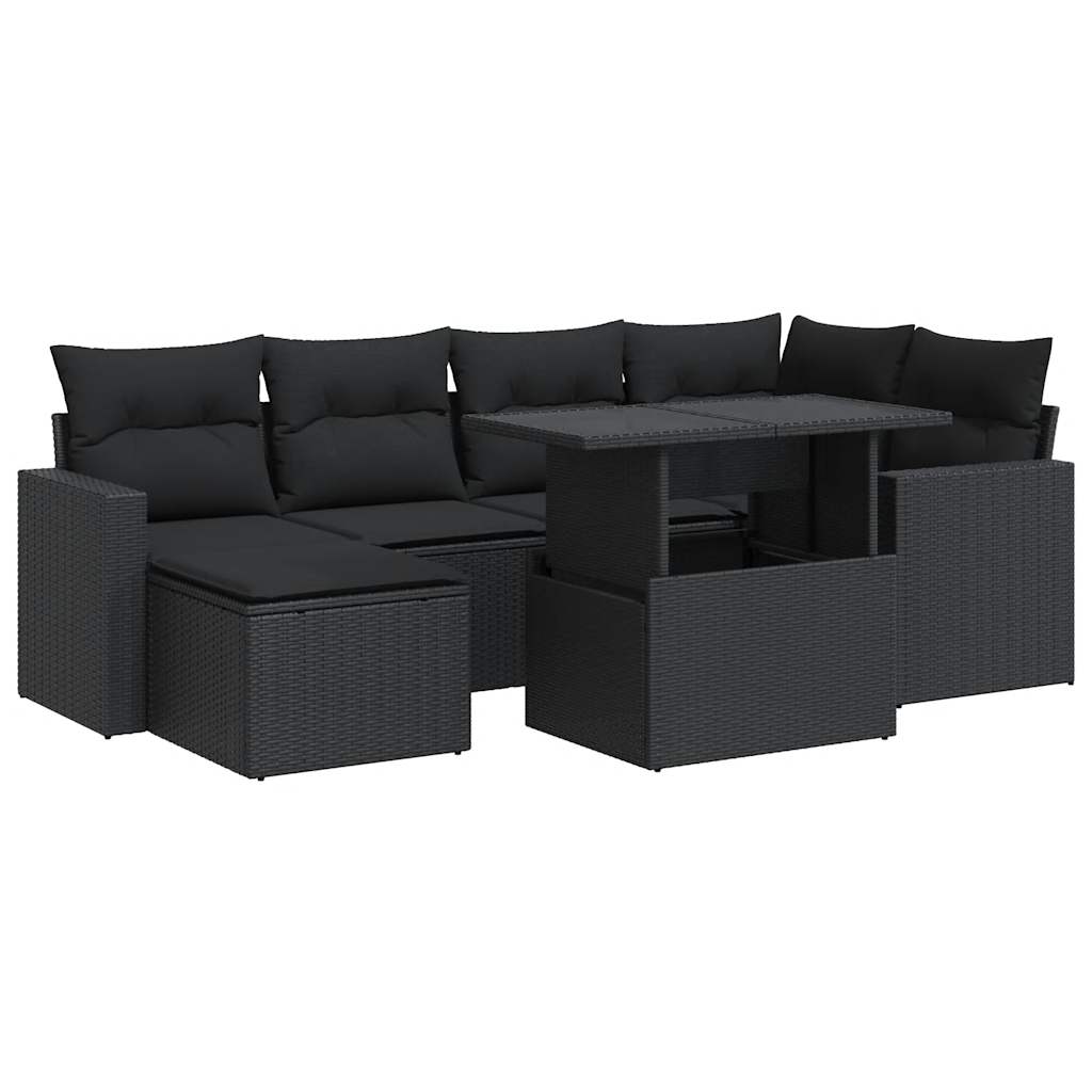7-delige Loungeset met kussens poly rattan zwart