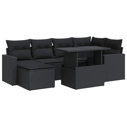 7-delige Loungeset met kussens poly rattan zwart